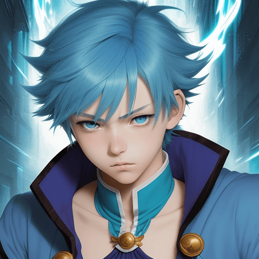 AI generated: anime boy with blue hair, age 12 wearing mage cloths, in the style of frank thorne, romanticized fem...