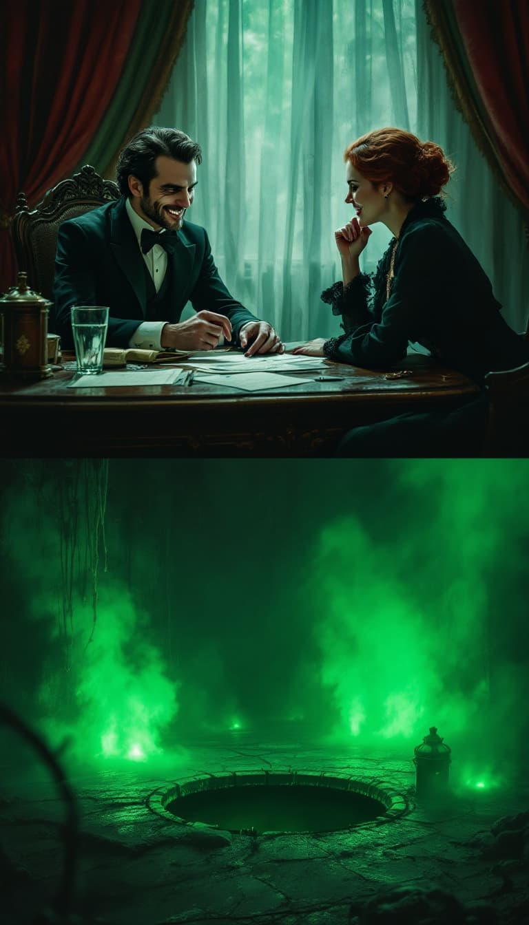 AI generated: An image in a Victorian Penny Dreadful comic style of a sinister man in a Victorian parlour, smiling...