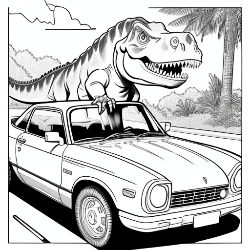AI generated: dinosaur in car for coloring book