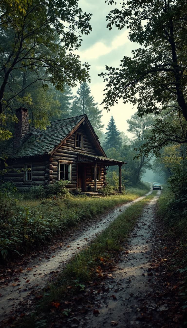 AI generated: The image shows an old, dilapidated gas log cabin along side a over grown dirt road.  There is a bro...