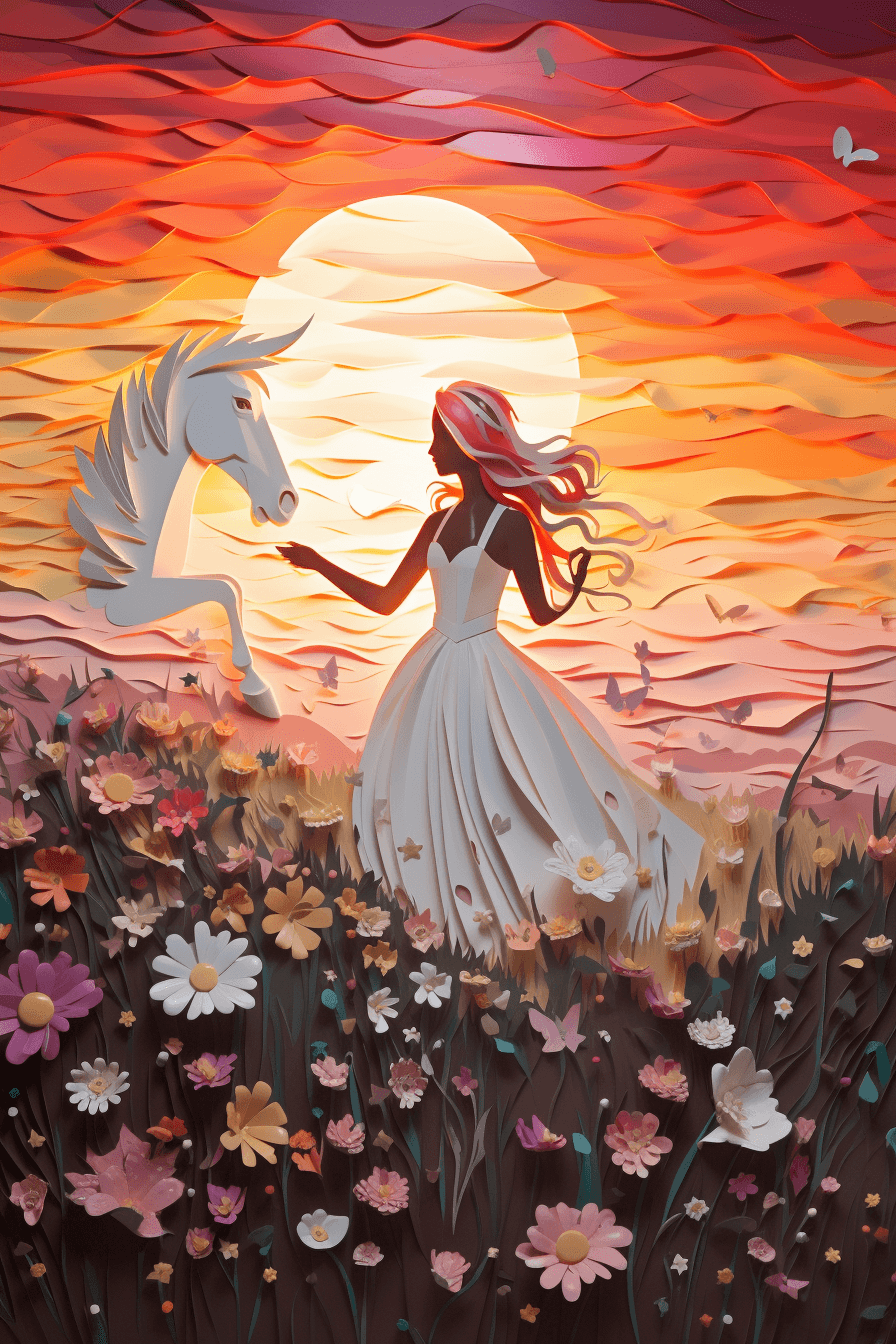 AI generated: A graceful ballerina riding a graceful unicorn, in a blooming meadow, towards the setting sun, paper...