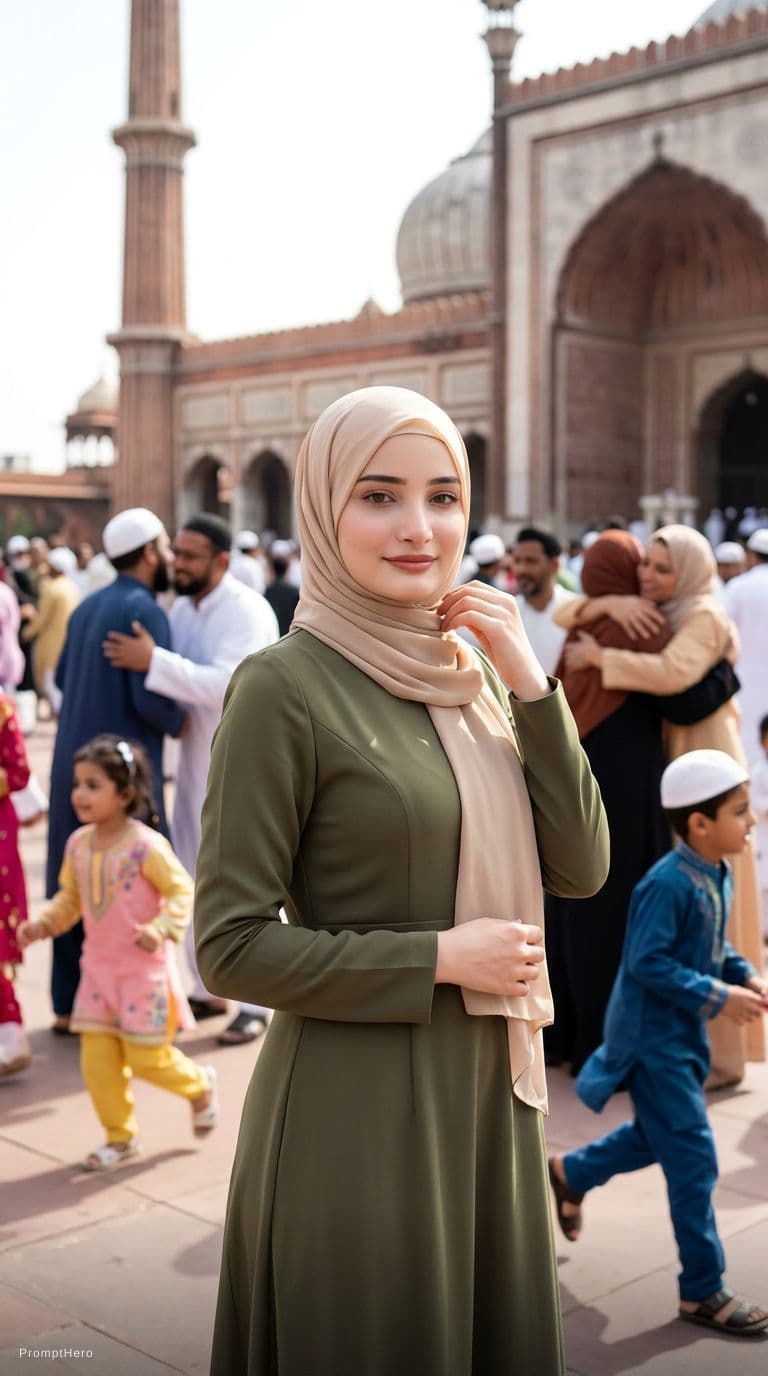 AI generated: A stunning 8K cinematic close-up portrait of a modest Egyptian girl standing outside a mosque after ...