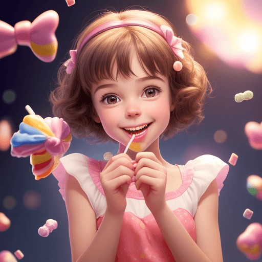 AI generated: 
cute, adorable, smiling girl eating candy, candies flying all around her, Pixar, cinema lighting, 