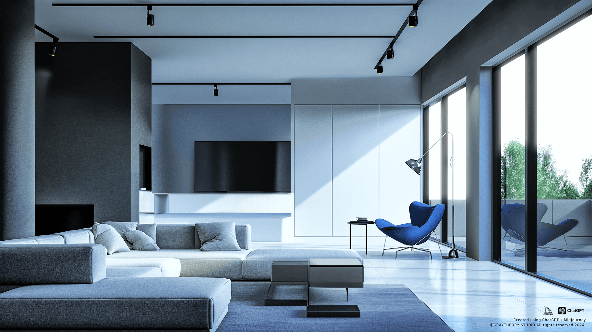 AI generated: Cinematic view of a minimalist living room, featuring sleek geometric shapes, a monochrome palette w...