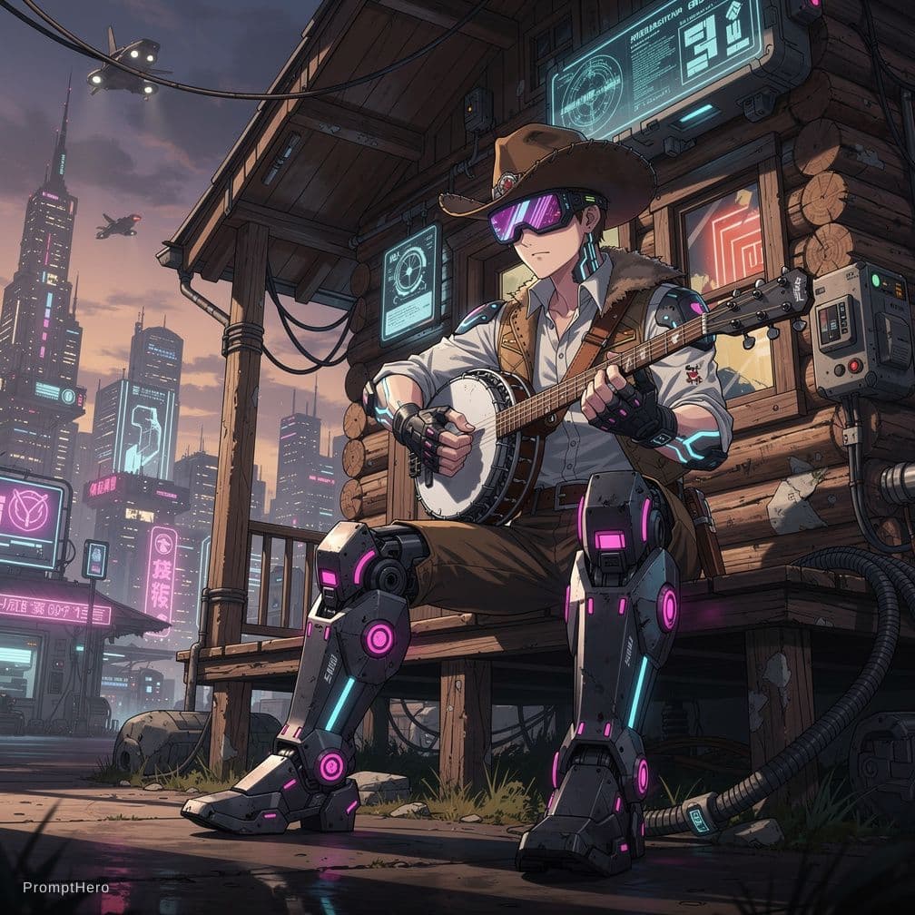 AI generated: a cowboy playing the banjo sitting on the porch of a log cabin,anime mecha aesthetic,anime style 4 k...