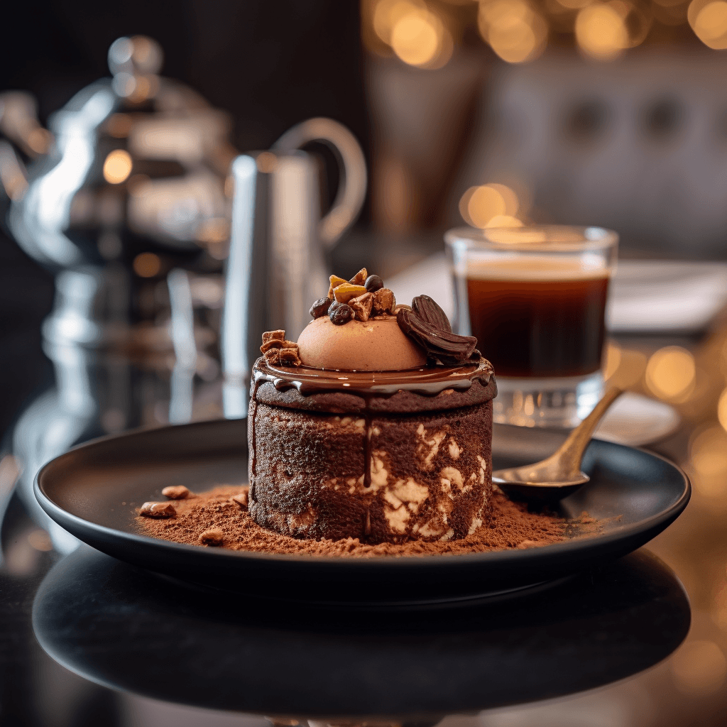 AI generated: food photography,chocolate cake,coffee in nice cap,in a luxurious Michelin kitchen style, depth of f...