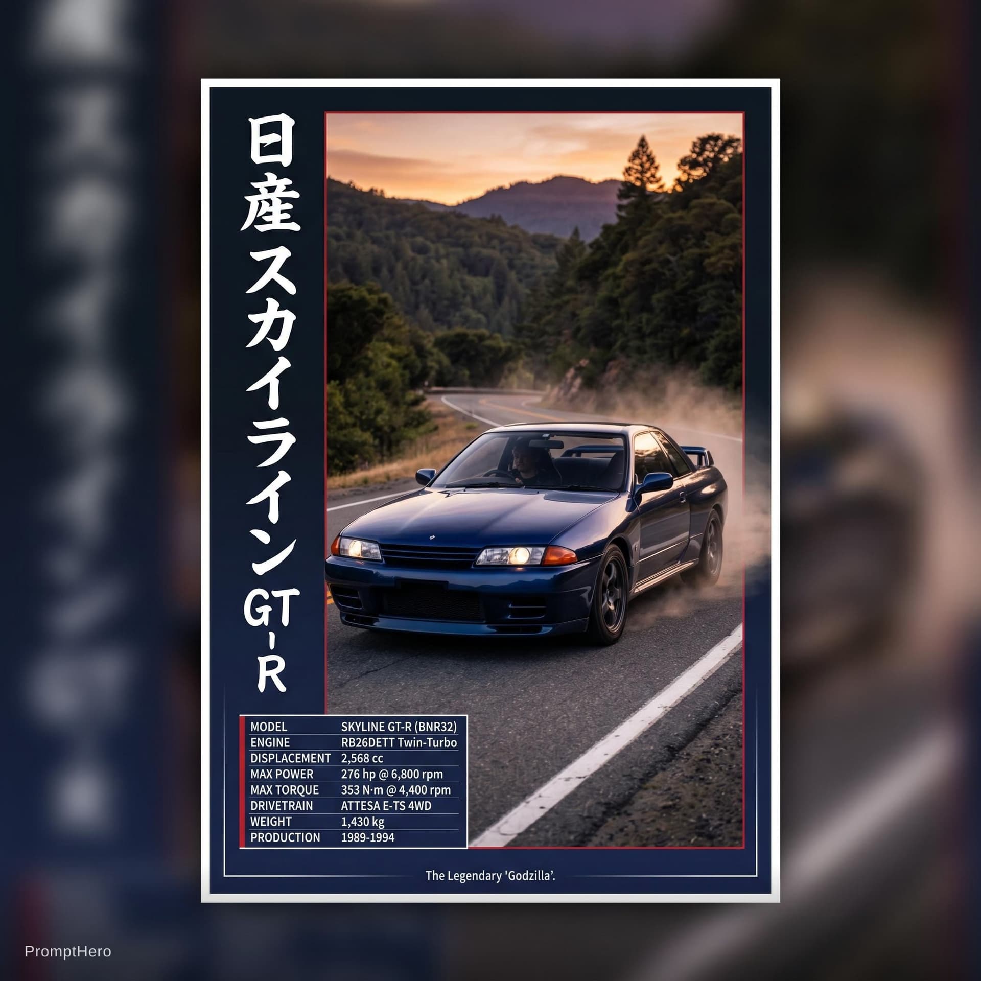 AI generated: Left side japnese name of car bottom left detail of car and printable poster
