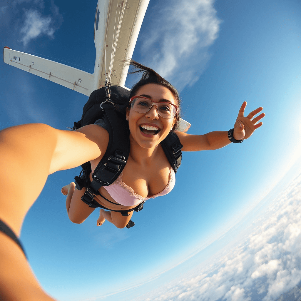 AI generated: action shot of a smiley girl with in pink micro bikini skydiving with parachute jumping out of a pla...