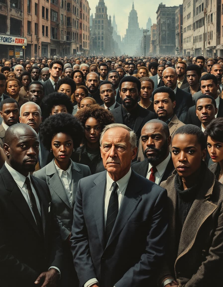 AI generated: a racially diverse crowd of men and women stand together facing the viewer. it is the 1960's and the...