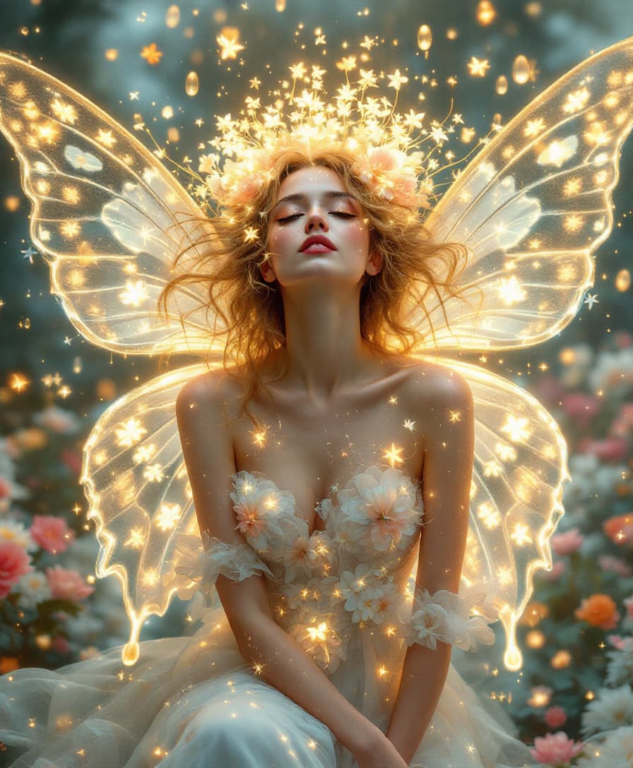 AI generated: Surrealistic luminous butterfly woman wearing a butterfly dress, magical, golden glow, hair spread o...