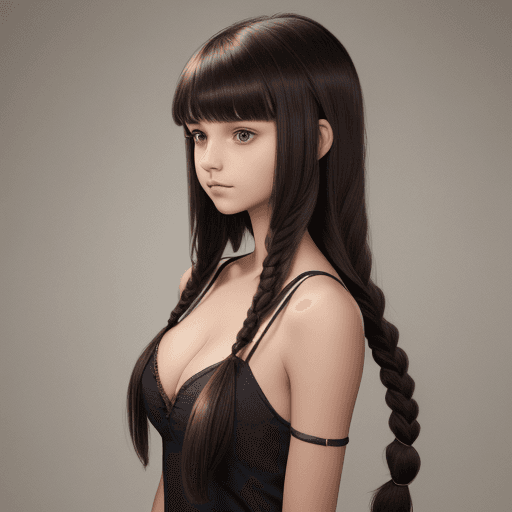 AI generated: young teen with her the leftside of her hair a long braid rightside a bob, she has bangs and has ver...