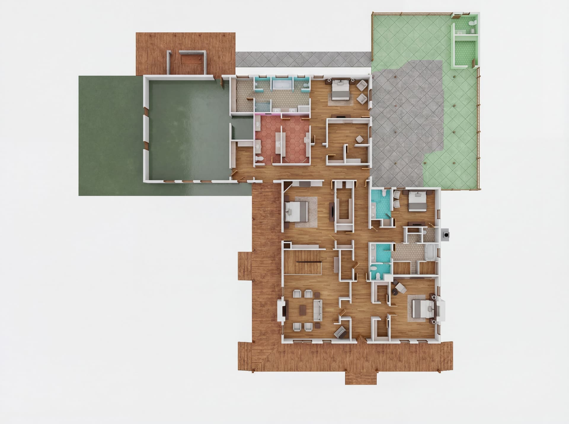 AI generated: Can you create a 3D floor plan of this plan please.
Red regions to have stamped concrete with a wood...