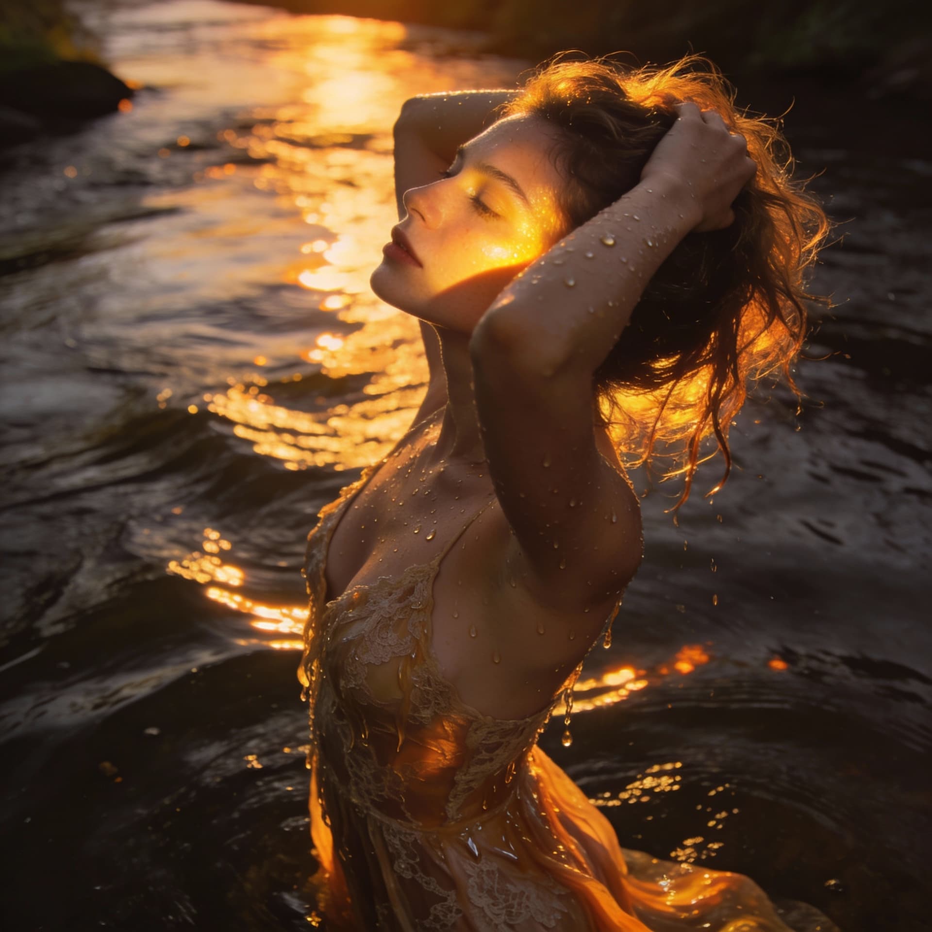 AI generated: The uploaded woman stands by a river. The setting sun, a fiery sunset, golden clouds, and golden rip...