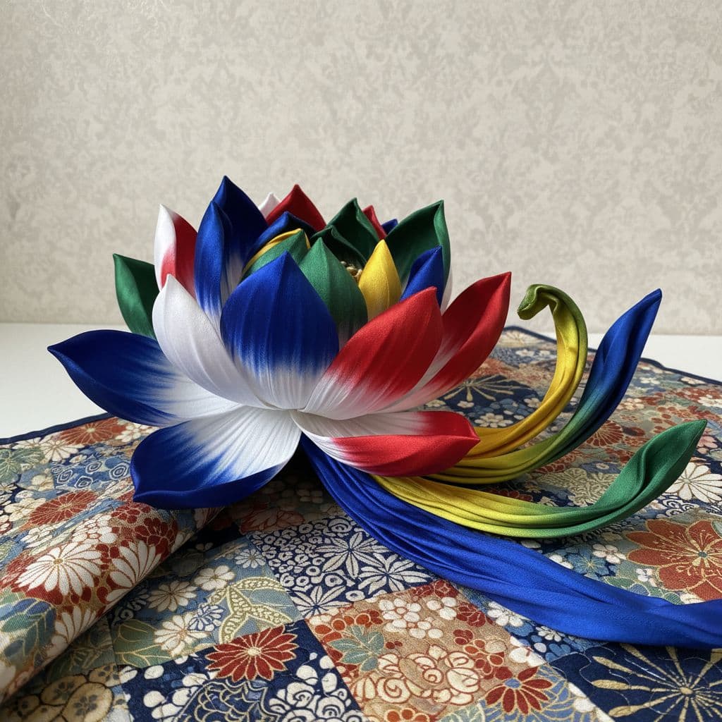 AI generated:  A hyper-realistic scene featuring a lotus-shaped sculpture crafted from glossy satin silk, with lon...