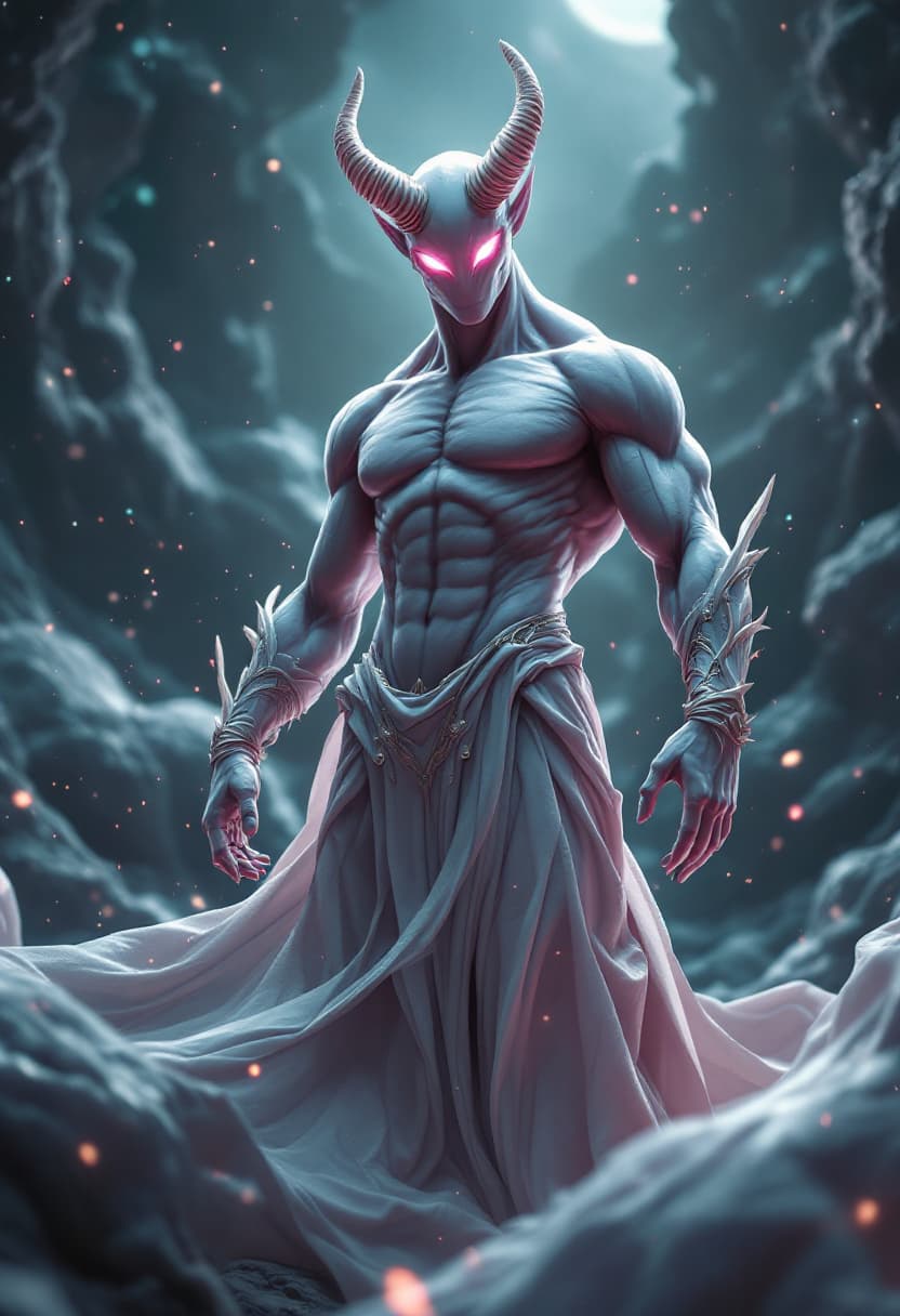 AI generated: God of Pleasure, full-body, No Hair or mouth, Etherial, muscular, Glowing Light Pink eyes, epic, cin...