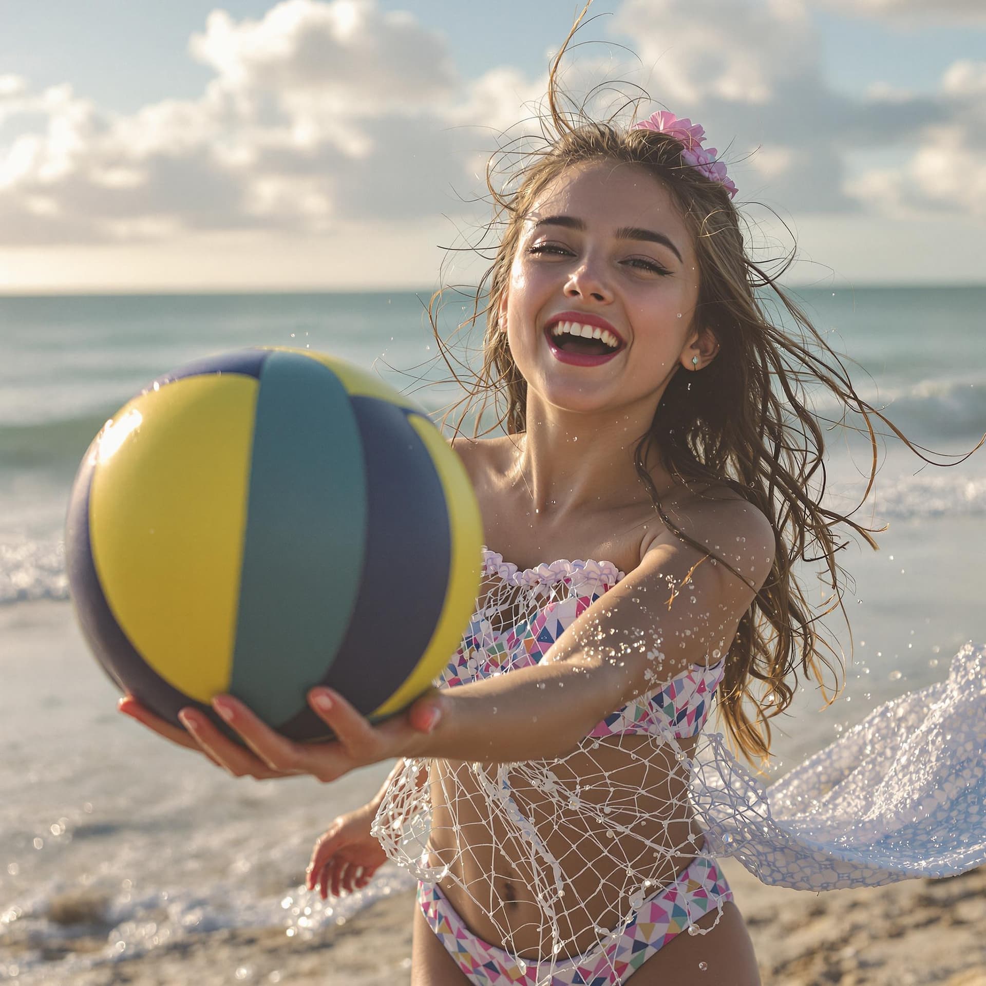 AI generated: a beautiful girl, in beach, playing vallyball,