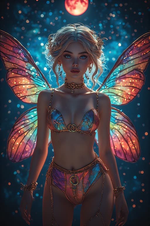 AI generated: Hyper - detailed digital art style, a fairy figure with large, iridescent butterfly wings in shades ...