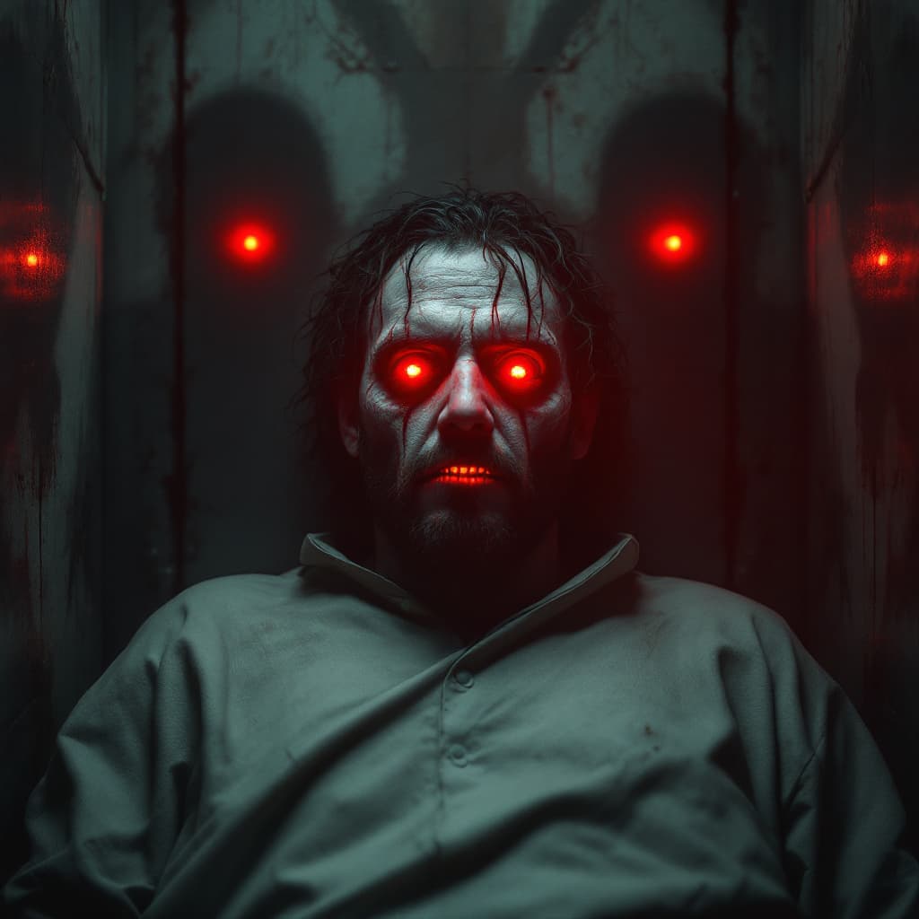 AI generated: close-up portrait of a insane man locked in a padded room.  shadow figures with red glowing eyes com...