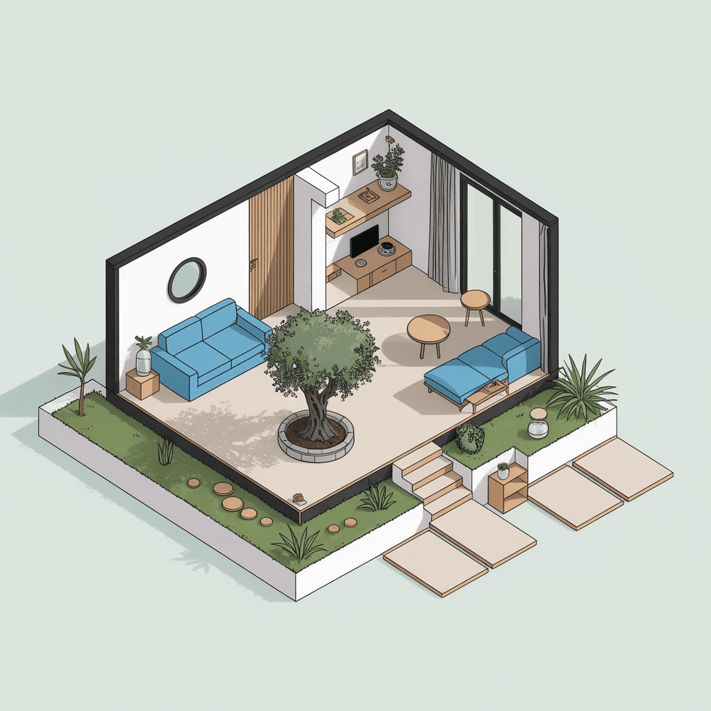 AI generated: The plan of a small energy autonomous house 25m².  Open patio with an olive tree in the centre. The ...