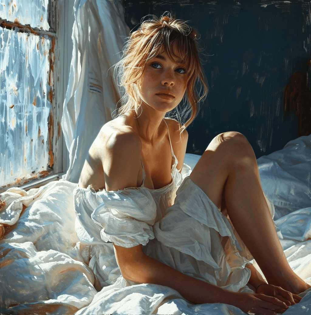 AI generated: a painting of a girl sitting in bed, with her legs extended, in the style of photo-realistic landsca...