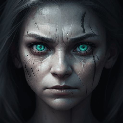 AI generated: .Prompt: " a woman's face, with scars in her left face,  half-human and half-monster, staring direct...