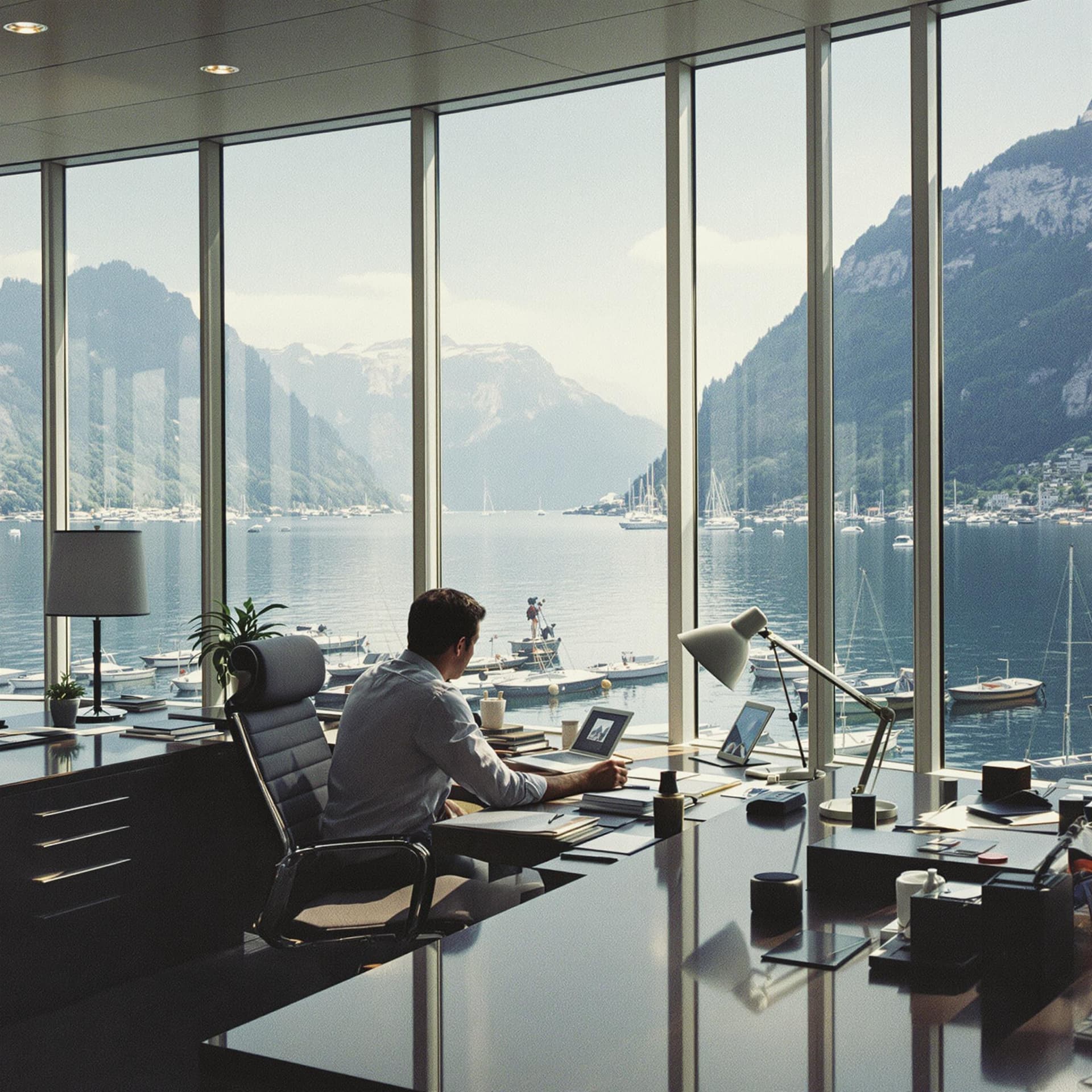 AI generated: An office of a Swiss executive in the early eighties, sitting at his desk with large windows overloo...