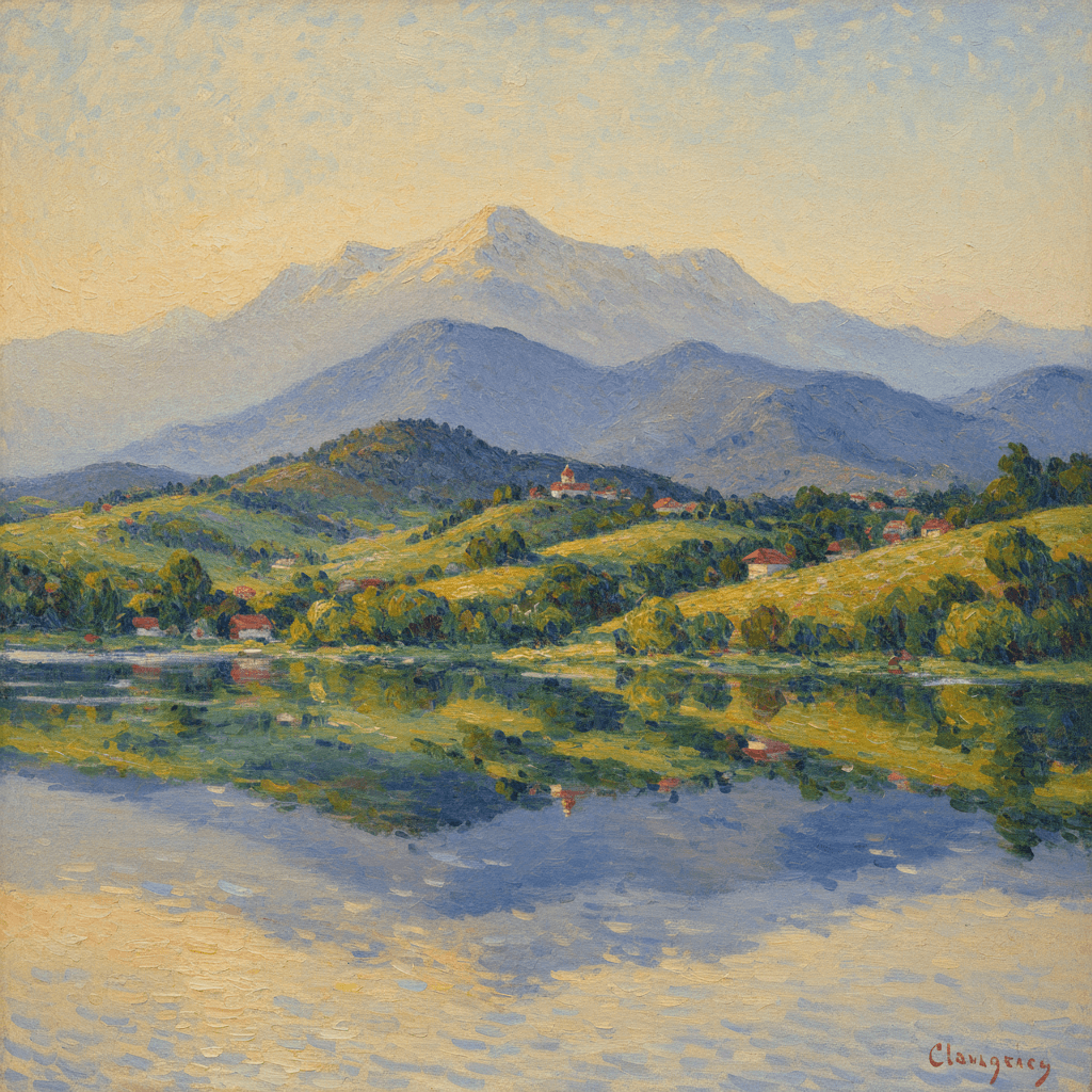 AI generated: make it in Clod Monet style, transform in HORIZONTAL 2:1 orientation, add bulgarian mountin view
