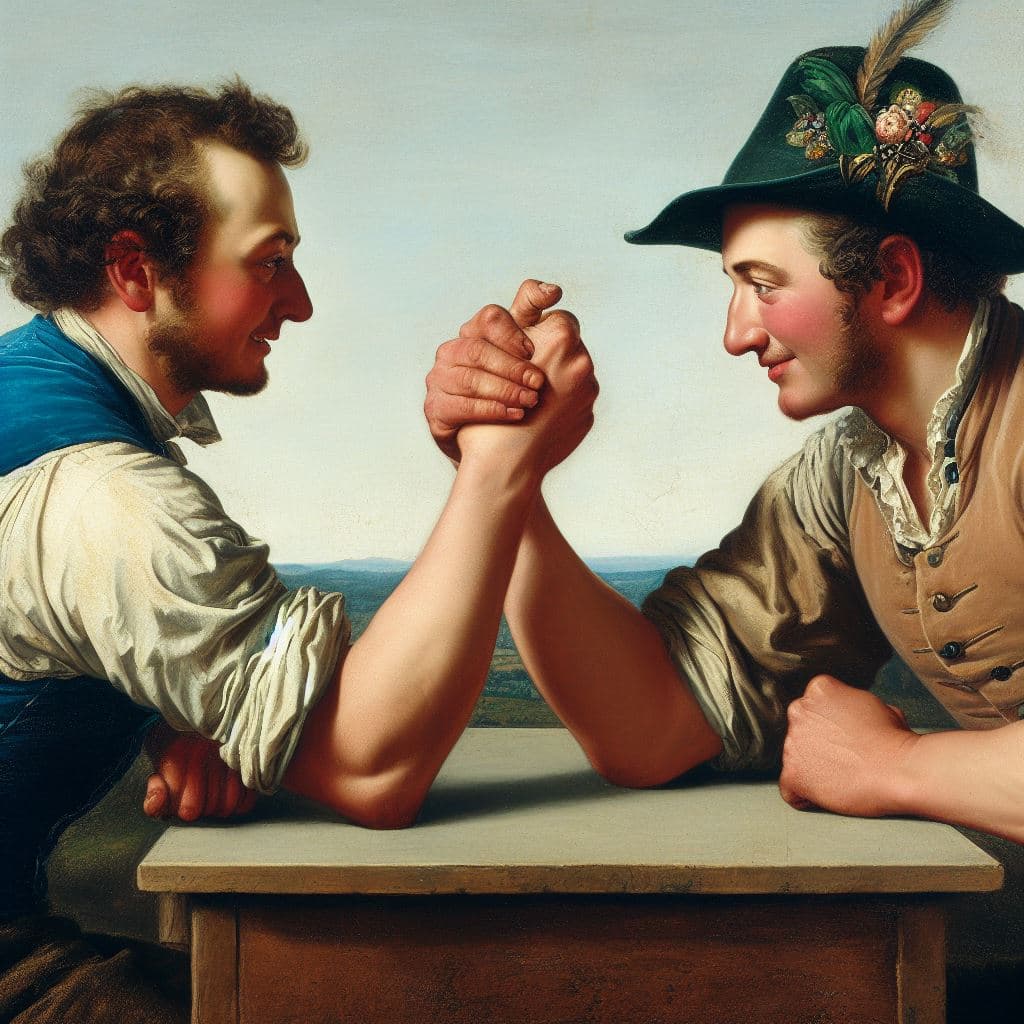 AI generated: Two Bavarians arm-wrestling, 18th century oil painting