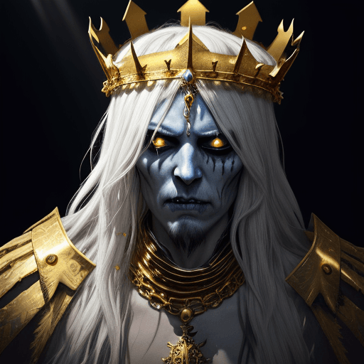 AI generated: Undead king with golden crown and necklaces, golden sunrays headdress, dead white eyes, dead dry ski...
