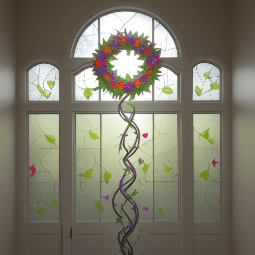 AI generated: 2", 4", 6",  AND 12" DIAMETER CAST GLASS PETALS ATTACHED TO A METAL VINE NETWORK. THE VINES FIL A 4 ...