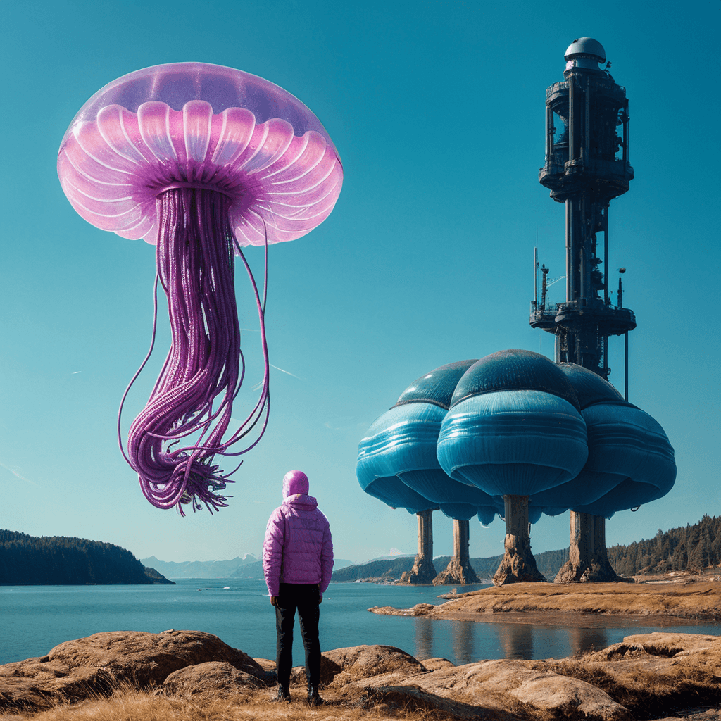 AI generated: biocyberpunk by Simon Stålenhag a giant floating jellyfish hardsurface robotic creature made of hi-t...