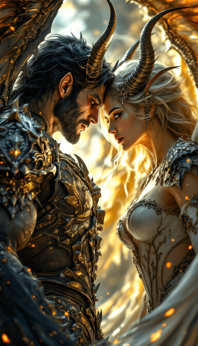 AI generated: Epic Fight between one angel woman and one male demon, angel and demon wings, Extrem perky skin, fre...