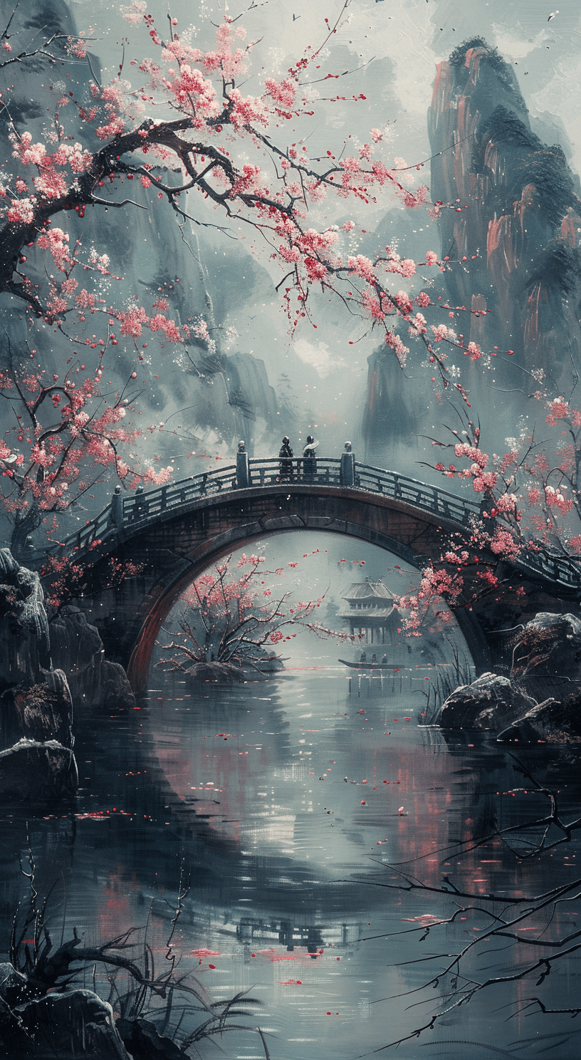 AI generated: two people walk the bridge under a large cherry blossom, in the style of atmospheric paintings, gray...
