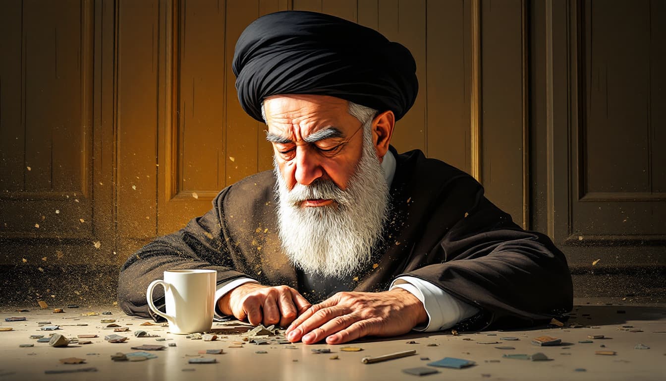 AI generated: Ali Khamenei, thrown out of the door, he is very depressed and lust, illustration, cartoon, put the ...