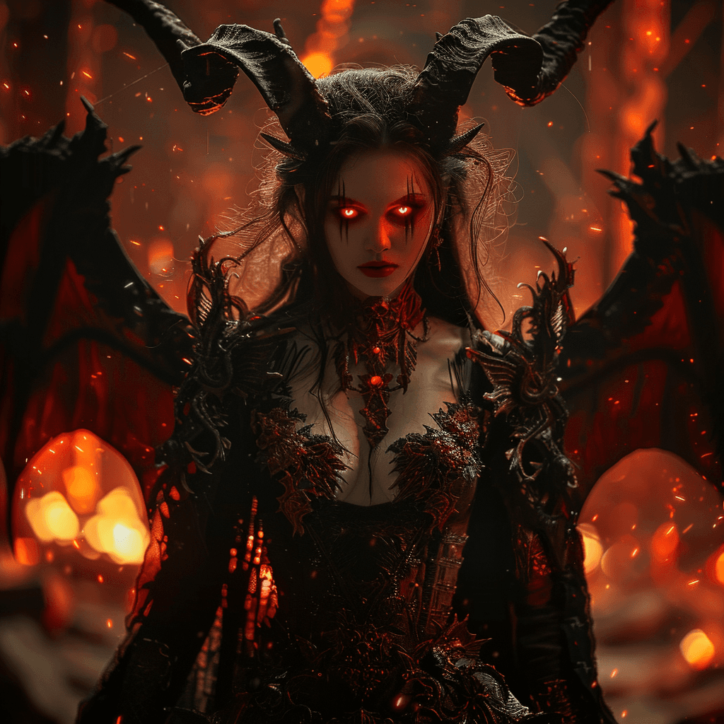 AI generated: full body shot, a female devil in hell, in the style of dnd characters, red eyes and black hair, fan...