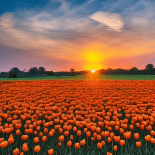 AI generated: Field of orange tulip flowers at the sunset.
