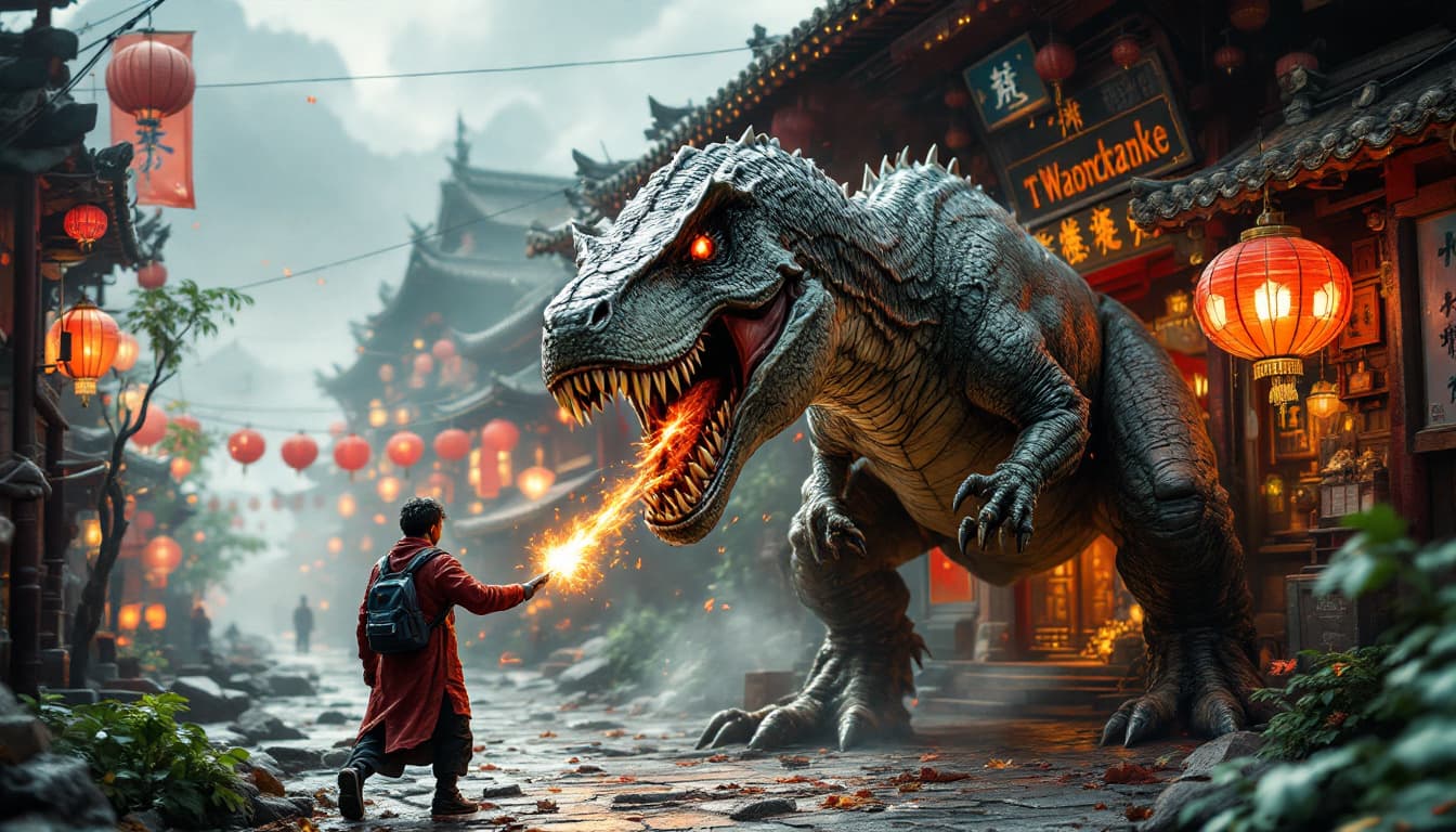 AI generated: T-rex attacking traditional market in asia