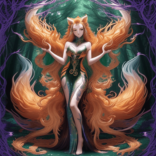 AI generated: In this hyper-maximalist masterpiece, a breathtaking image of the ultimate (nine-tailed fox girl) un...
