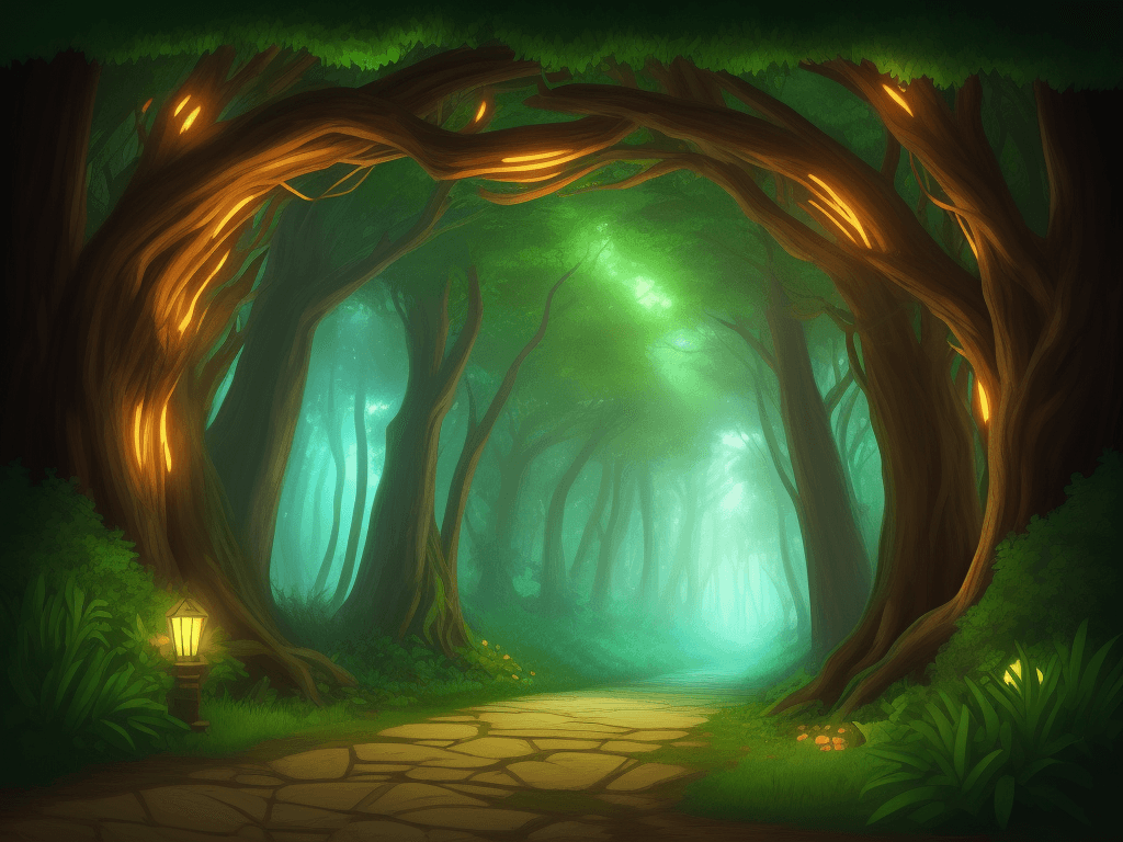 AI generated: Illustration of A entrance forest. 80s theme, video game theme, light