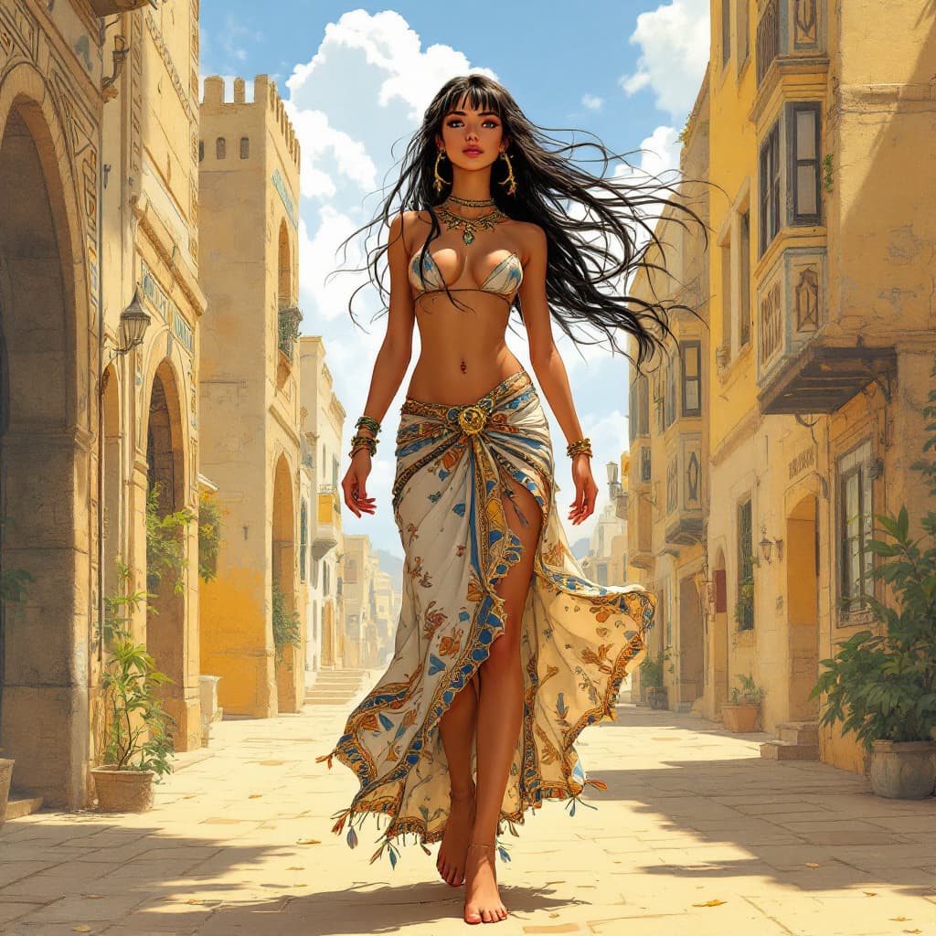 AI generated: Full body view of a Photo of 
Passionate Girl who has a free soul and gorgeous style with Egyptian f...