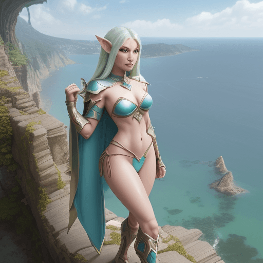 AI generated: /imagine prompt: An elven paladin in a platemail bikini | Fierce pose | Standing on a cliff ledge ov...