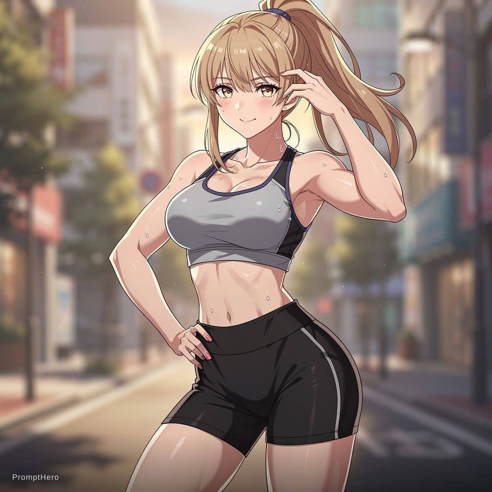 AI generated: A beautiful anime girl with dirty blonde hair and big thighs ass and tits in tight booty shorts swea...