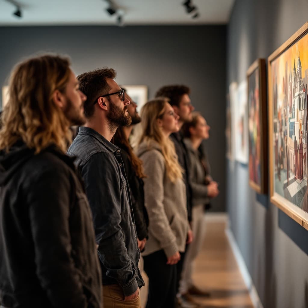 AI generated: A photograph of a company retreat doing an art gallery tour, they aare looking at the art within the...