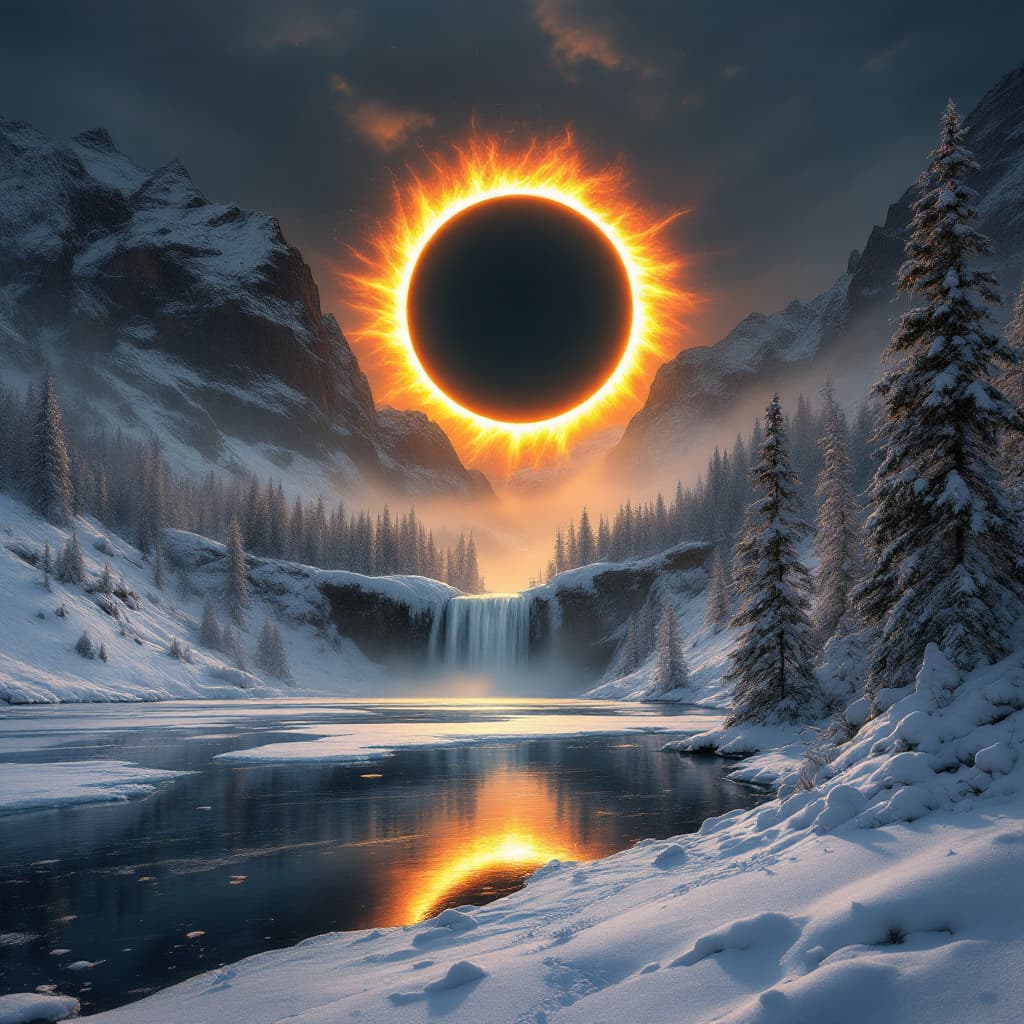 AI generated: A stunning winter landscape with a vast, frozen lake, parts of it covered in thick ice, and a majest...