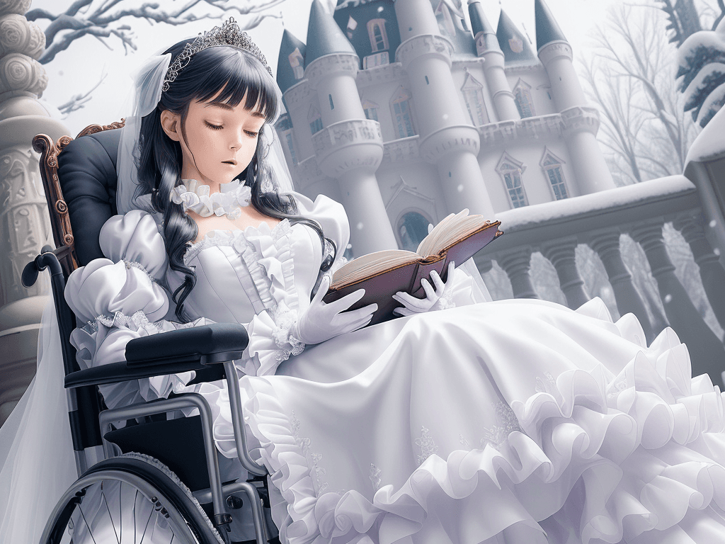 AI generated: 32K Ultra-Detailed Pretty Sleeping Perfect devil's girl sitting on wheelchair with magic book dresse...
