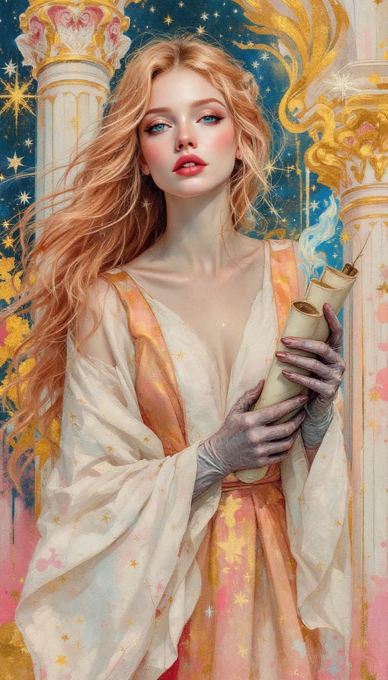 AI generated: "Rose Gold Storyteller in a Hall of Echoes": A powerful abstract painting captures a storyteller, sh...