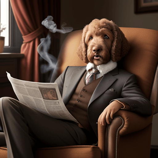 AI generated: A brown labradoodle dog, sat in a three-piece suit, in an armchair.  He is smoking a joint whilst re...