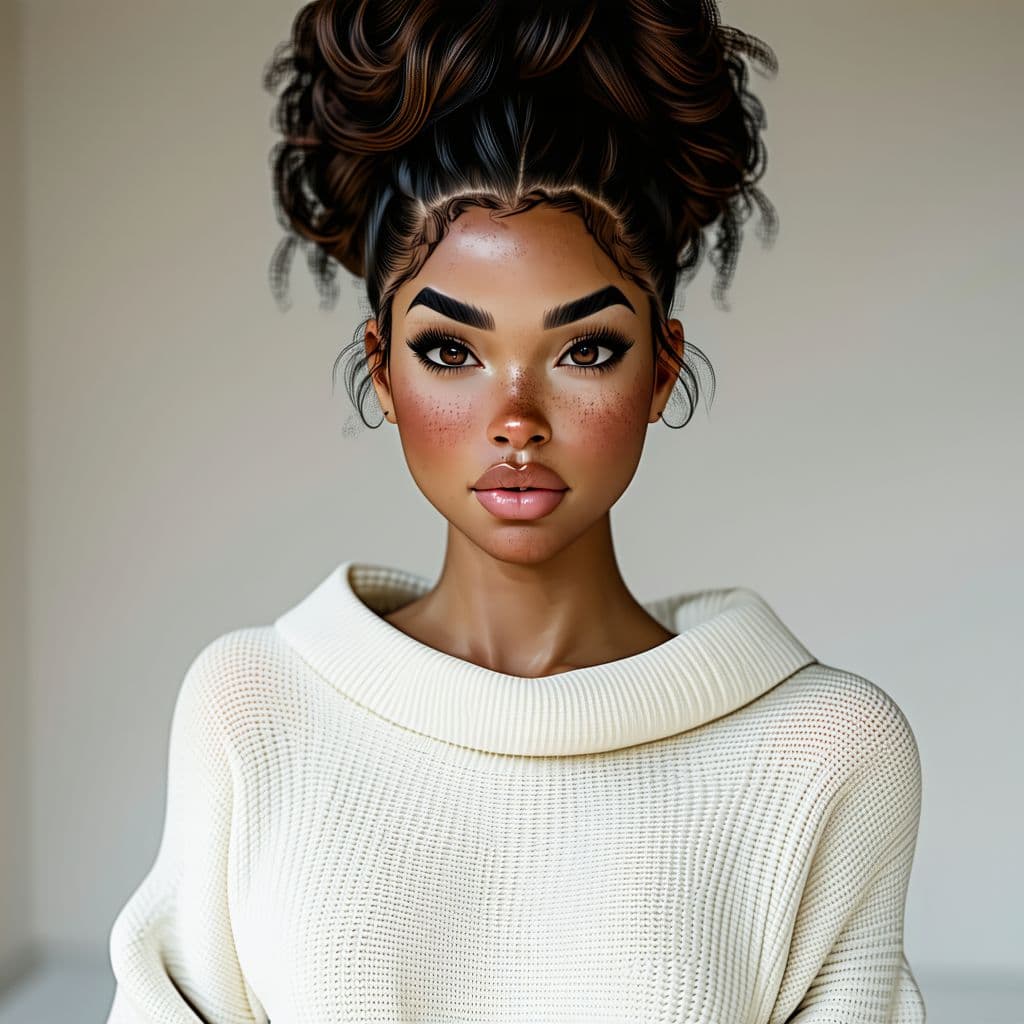 AI generated: Big bust slender brown woman with natural shoulder level hairstyle, wearing a white jumper rolled ne...