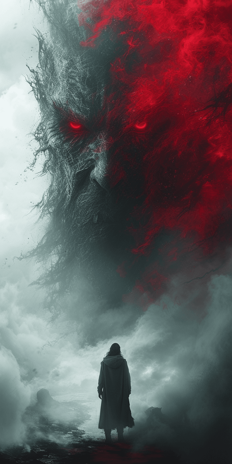 AI generated: illustration of an evil demon with red eyes, in the style of jessica rossier, strong use of negative...