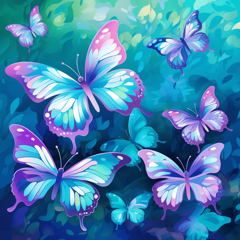 AI generated: A nature vector of butterflies fluttering, with organic nature patterns, in shades of green and purp...